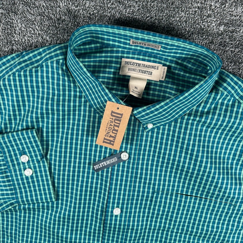 Duluth Trading Co Shirt Mens XL Wrinklefighter Teal Green Button Down Preppy NEW